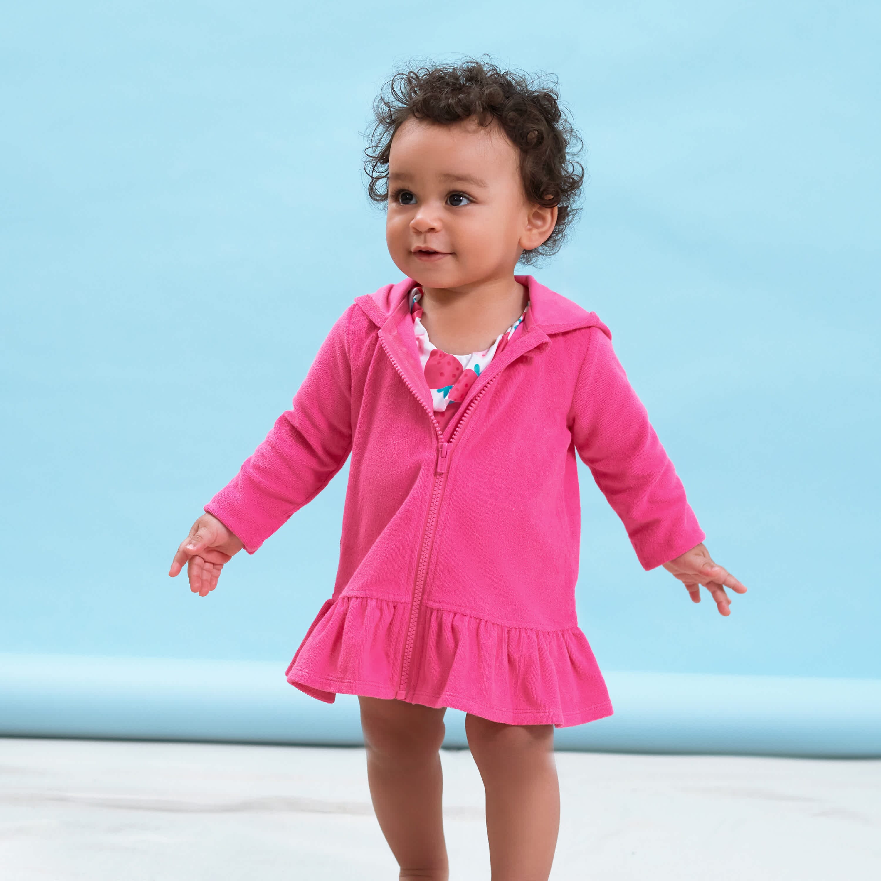 Embroidered Baby & Toddler Girls Pink Hooded Zip Front Terry Swim Coverup - Image 3