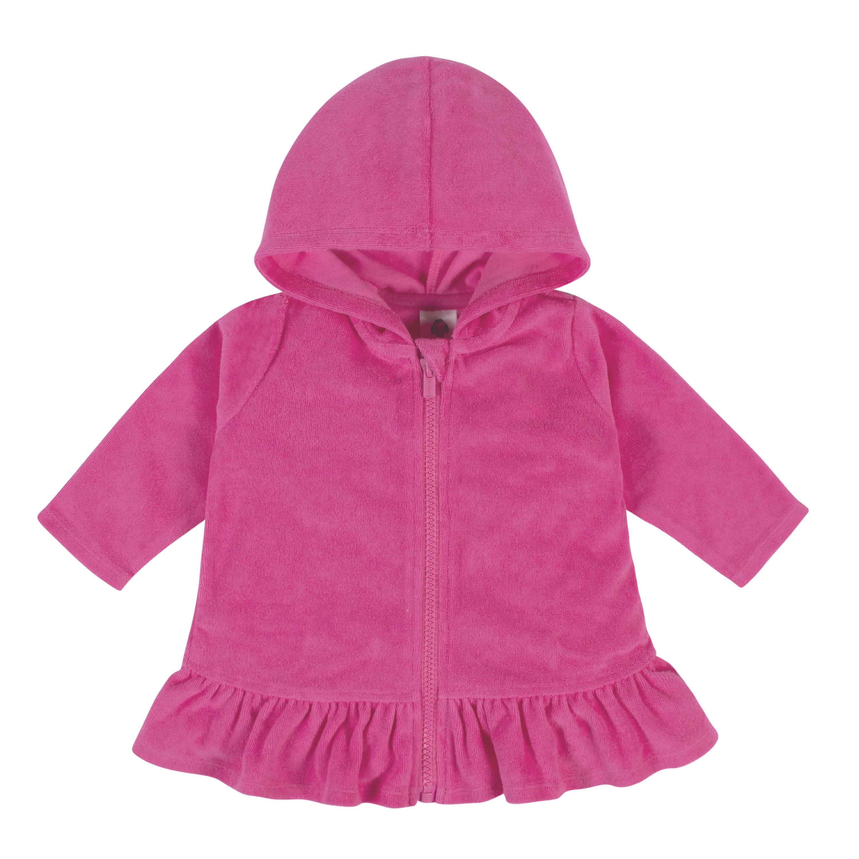 Embroidered Baby & Toddler Girls Pink Hooded Zip Front Terry Swim Coverup - Image 4