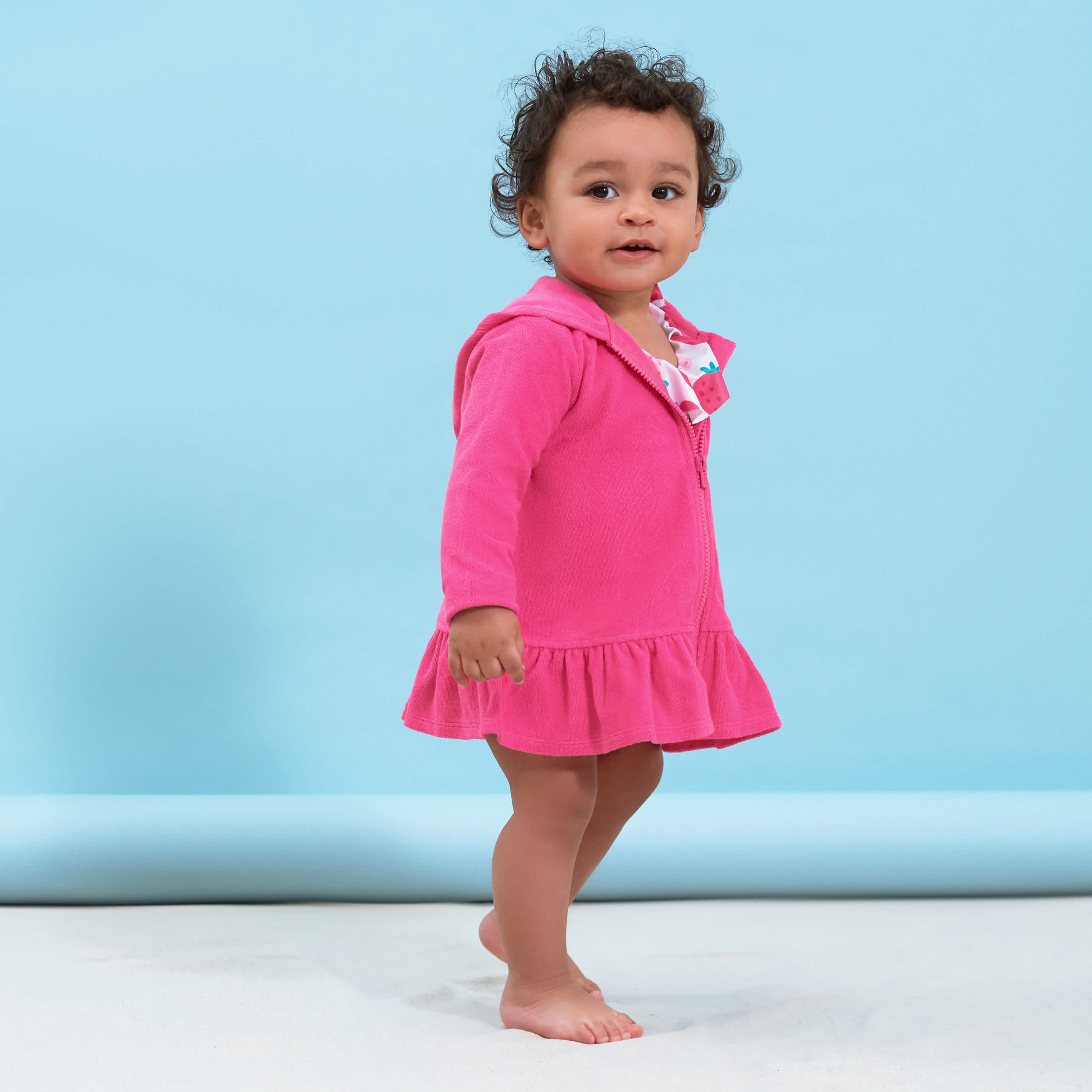 Embroidered Baby & Toddler Girls Pink Hooded Zip Front Terry Swim Coverup - Image 5