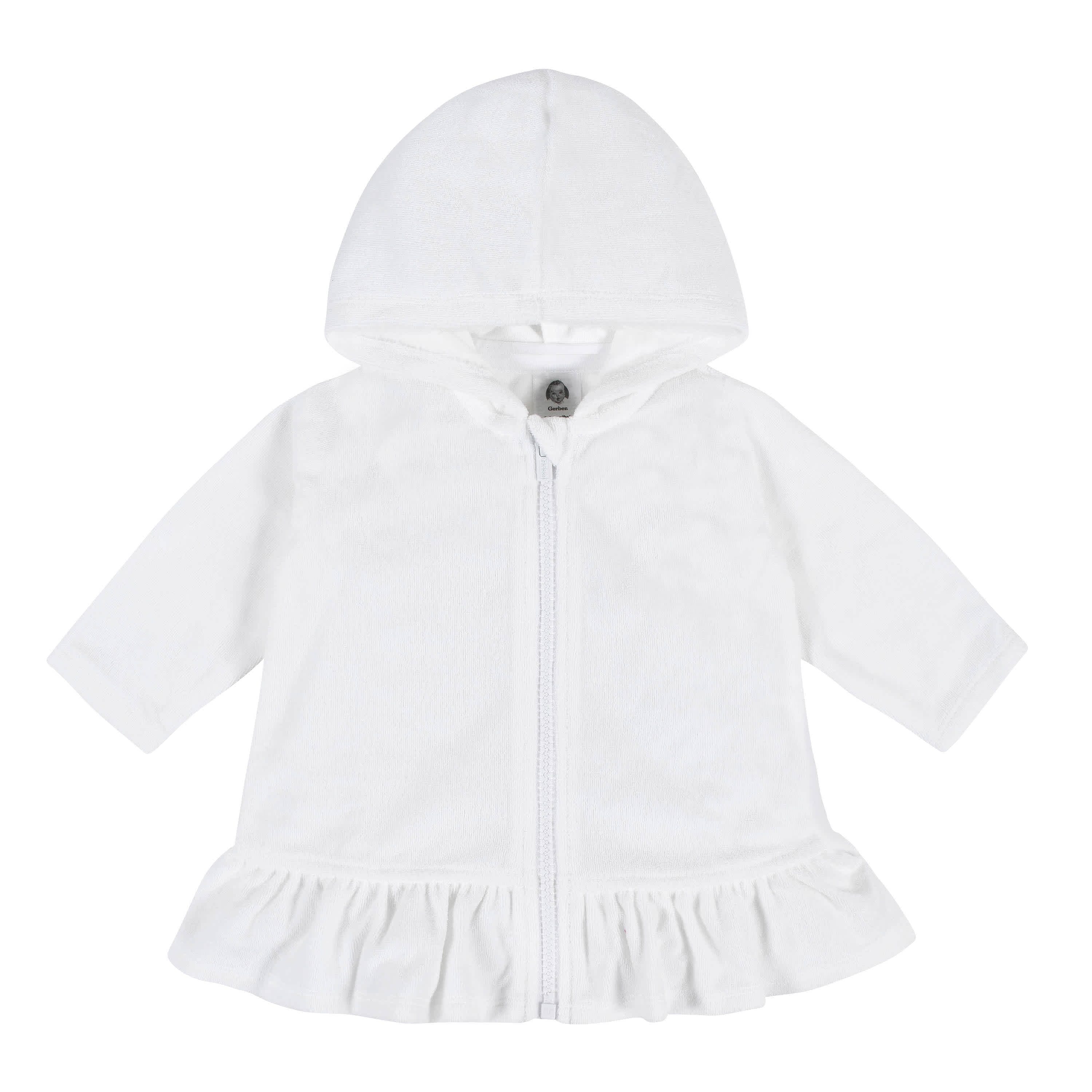 Embroidered Baby & Toddler Girls White Hooded Zip Front Terry Swim Coverup - Image 4