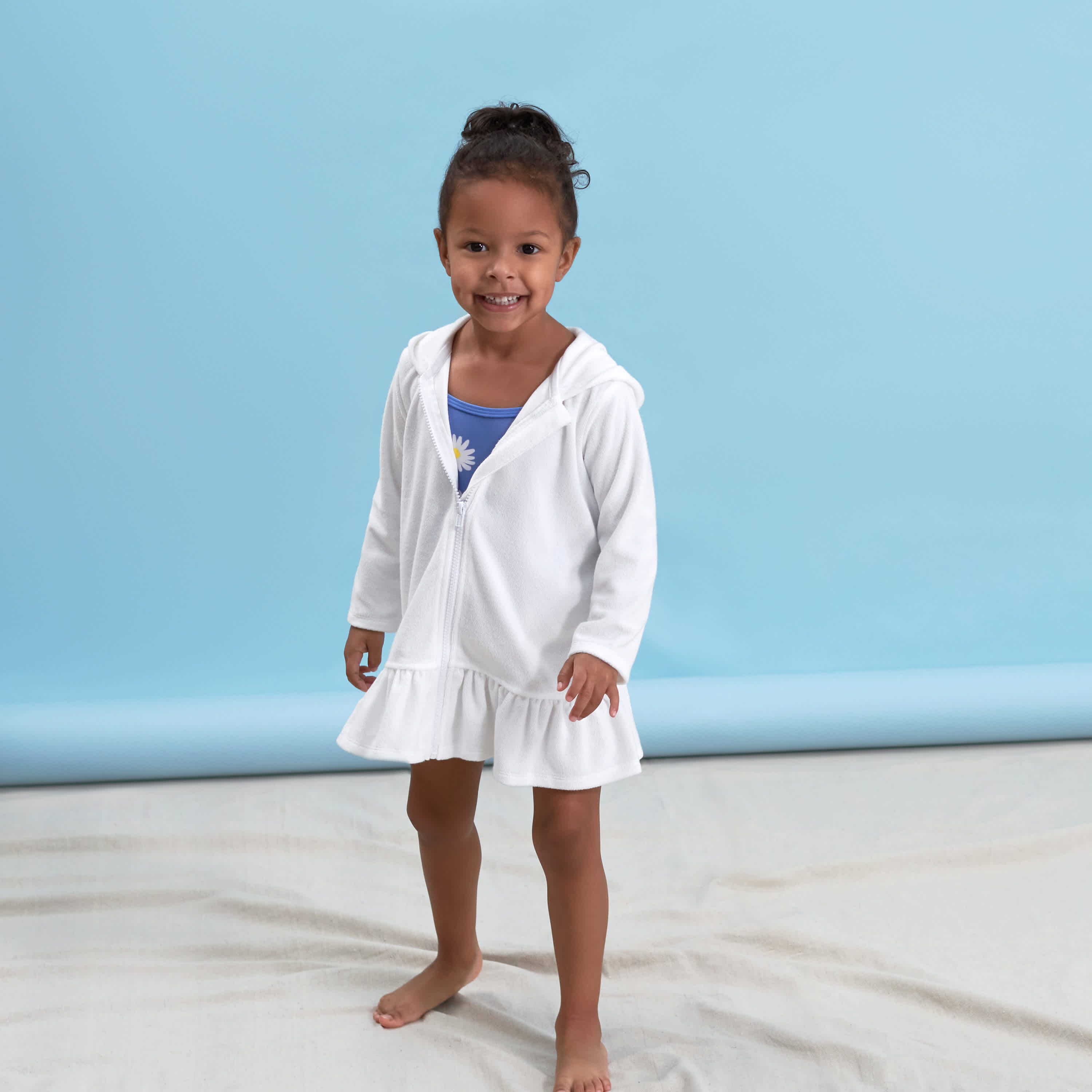 Embroidered Baby & Toddler Girls White Hooded Zip Front Terry Swim Coverup - Image 5