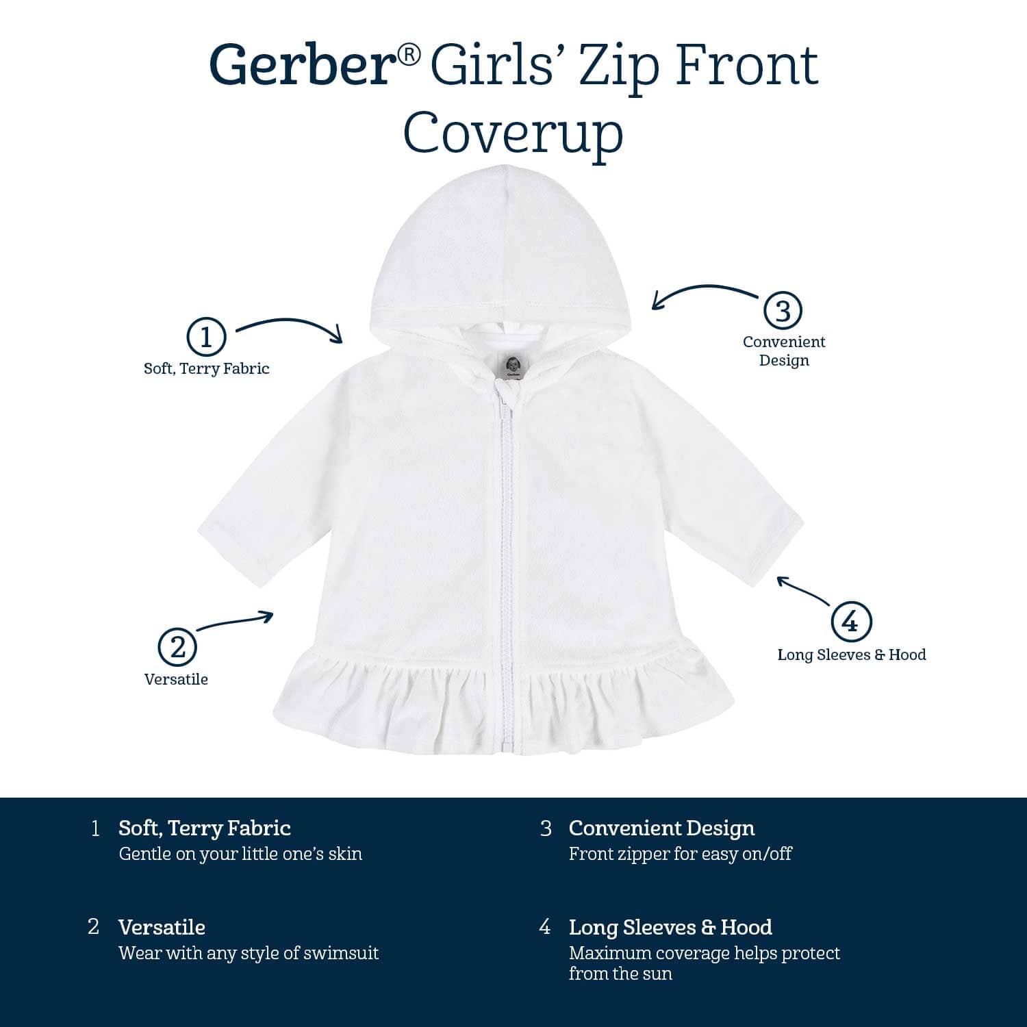 Embroidered Baby & Toddler Girls White Hooded Zip Front Terry Swim Coverup - Image 8